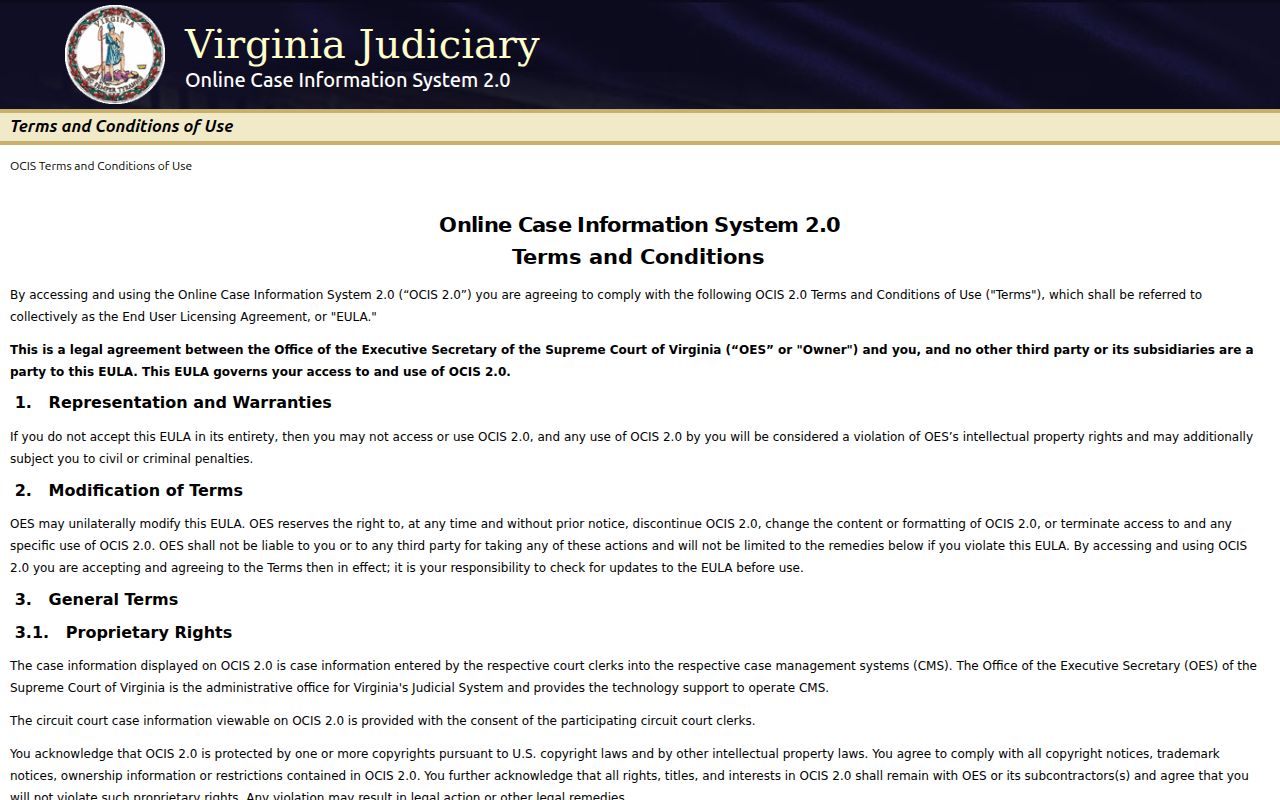 Louisa County criminal court case search interface in OCIS