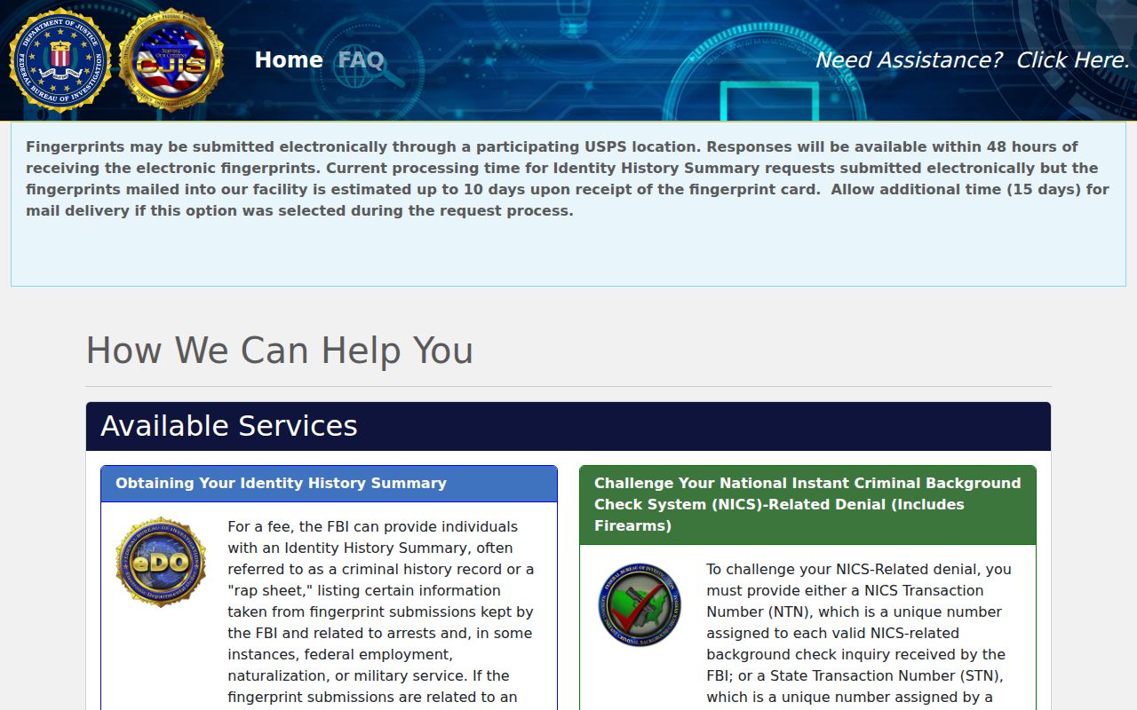 FBI electronic Identity History Summary request portal