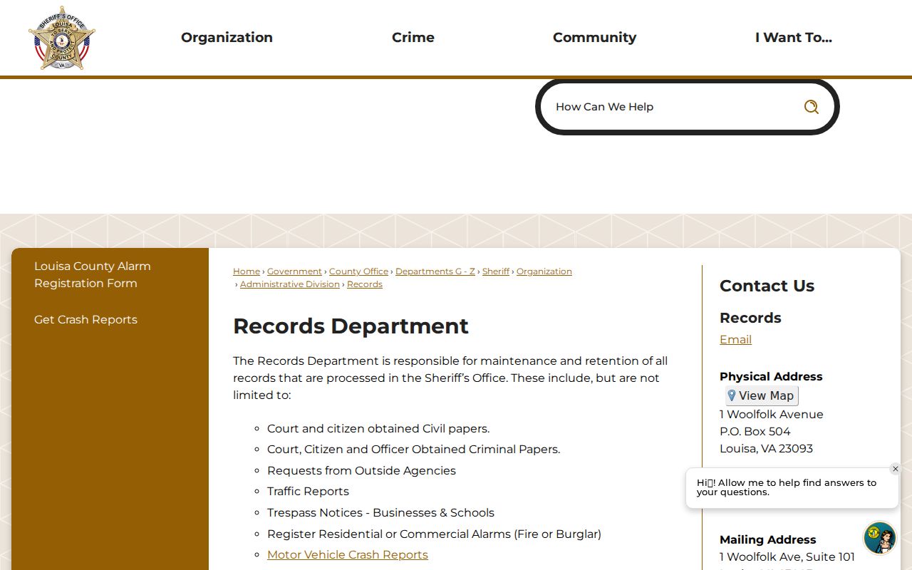 Louisa County Sheriff's Records Department duties and contact page